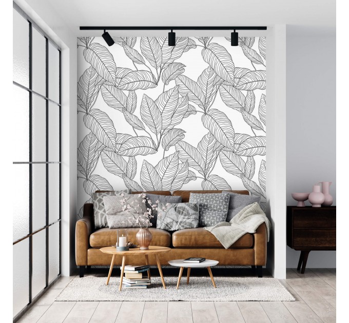 Minimalist botanical wallpaper linear leaves black and white