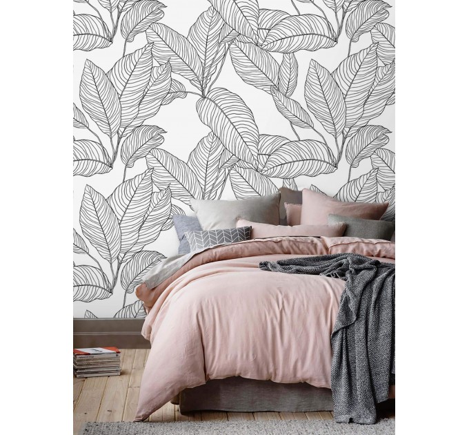 Minimalist botanical wallpaper linear leaves black and white