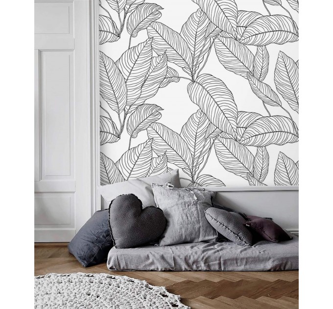 Minimalist botanical wallpaper linear leaves black and white