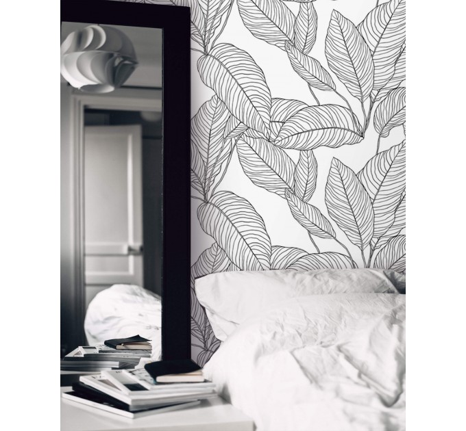 Minimalist botanical wallpaper linear leaves black and white