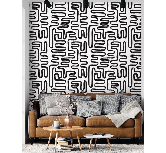 Wallpaper abstract lines black and white paint strokes