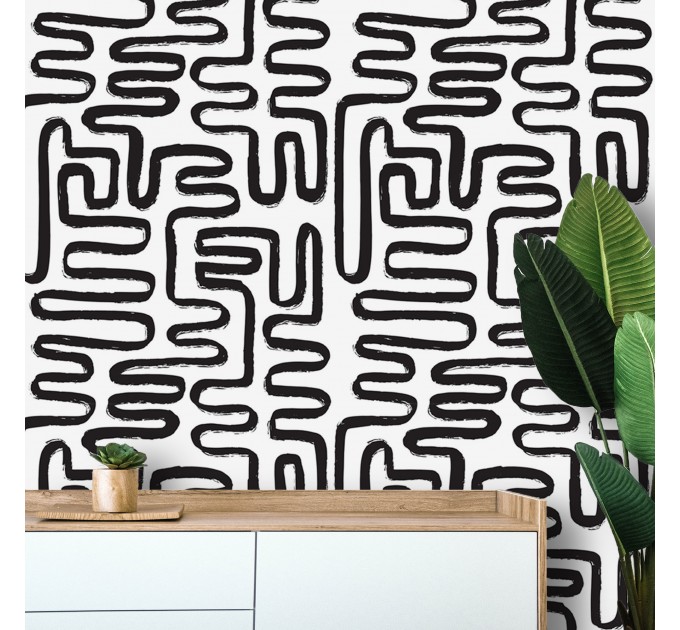 Wallpaper abstract lines black and white paint strokes
