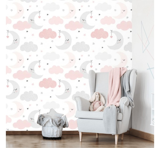 Girls nursery wallpaper stars clouds and moon