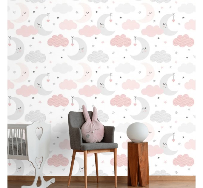 Girls nursery wallpaper stars clouds and moon