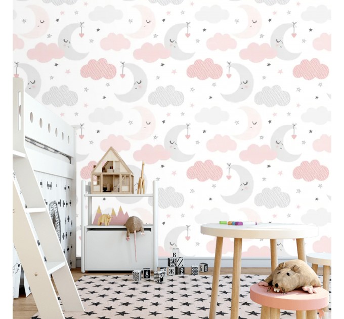 Girls nursery wallpaper stars clouds and moon