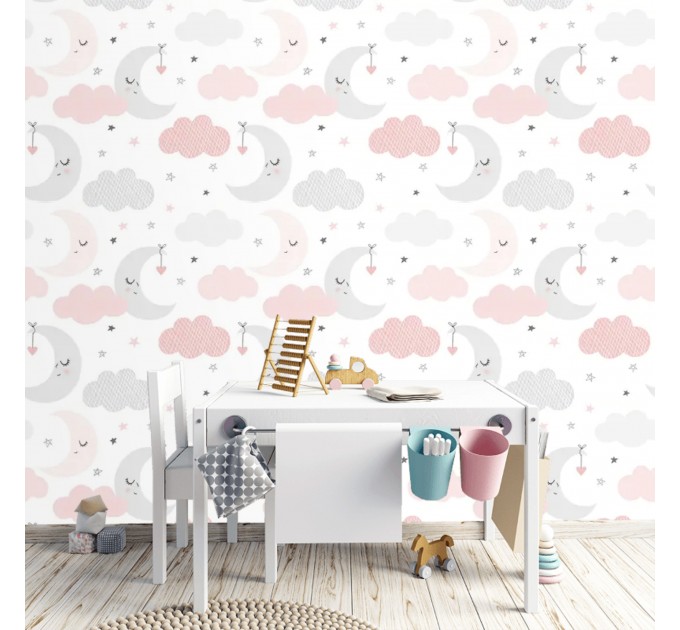 Girls nursery wallpaper stars clouds and moon