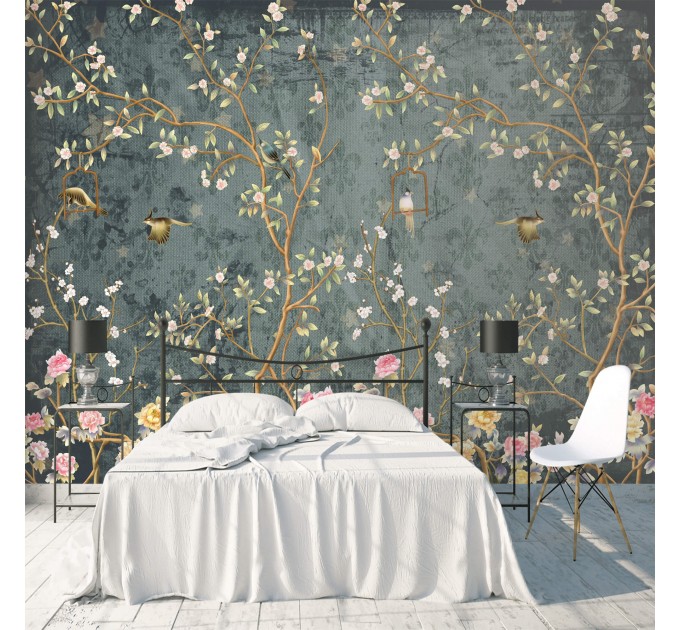 Dark Chinoiserie wallpaper birds, Vintage floral wall mural