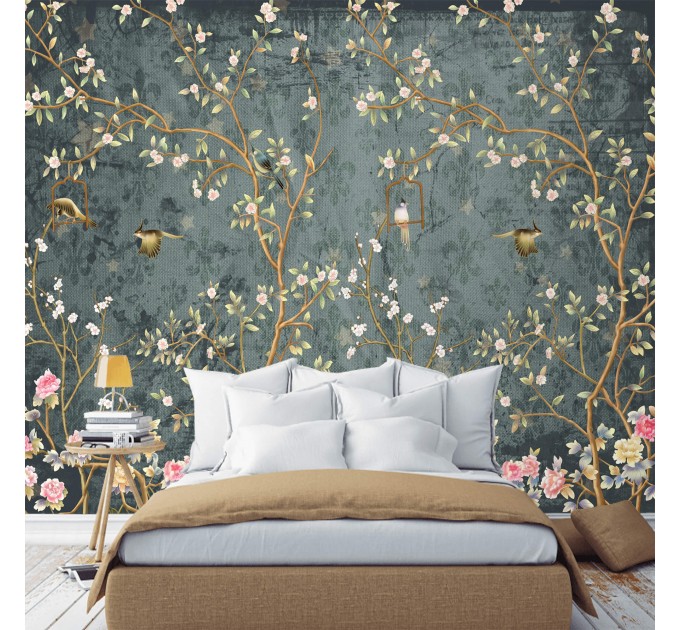 Dark Chinoiserie wallpaper birds, Vintage floral wall mural