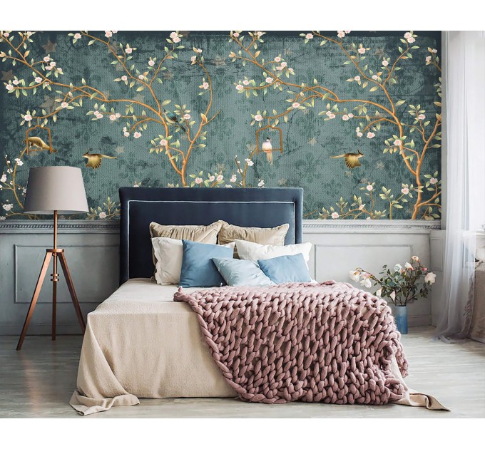 Dark Chinoiserie wallpaper birds, Vintage floral wall mural