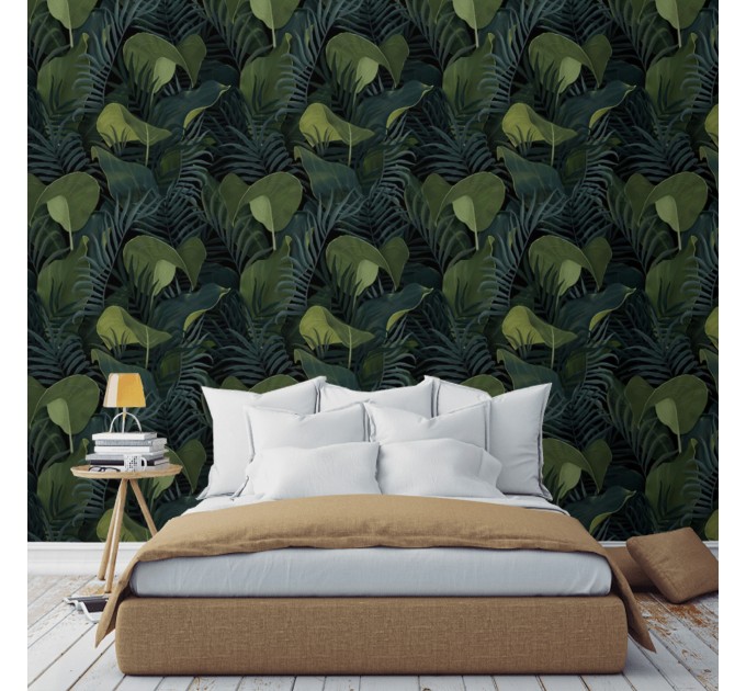 Dark botanical wallpaper green large leaves