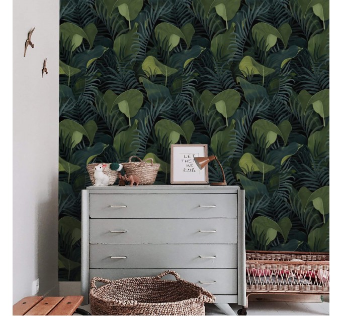 Dark botanical wallpaper green large leaves