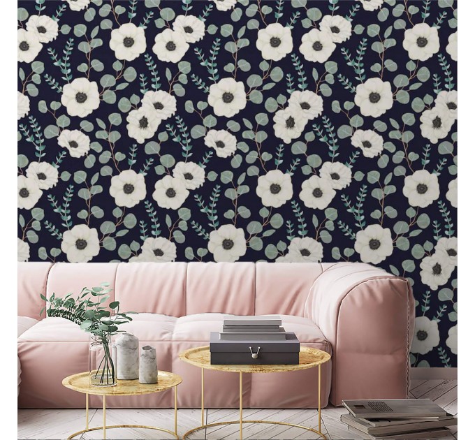 Dark floral wallpaper white flowers on dark blue