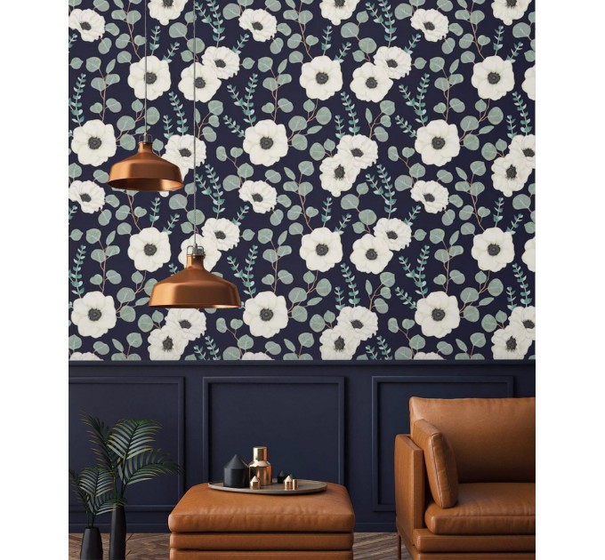 Dark floral wallpaper white flowers on dark blue