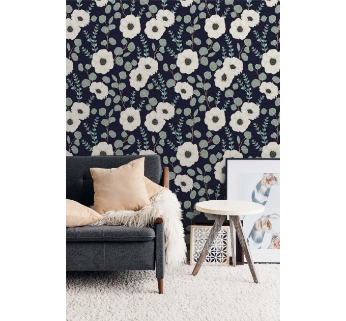 Dark floral wallpaper white flowers on dark blue