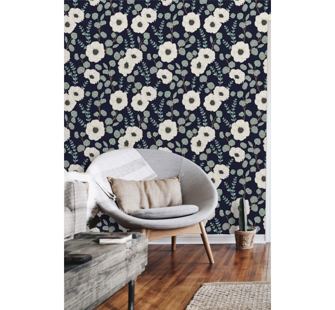 Dark floral wallpaper white flowers on dark blue