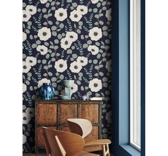 Dark floral wallpaper white flowers on dark blue