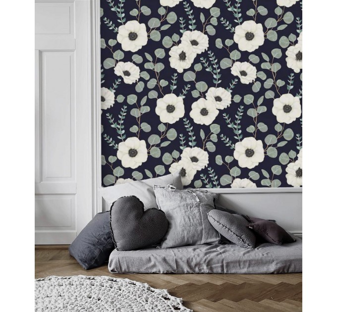 Dark floral wallpaper white flowers on dark blue