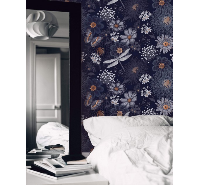 Dark purple floral wallpaper butterflies in a secret garden