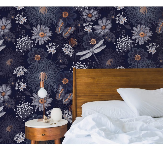 Dark purple floral wallpaper butterflies in a secret garden