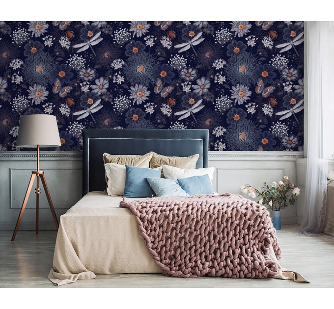 Dark purple floral wallpaper butterflies in a secret garden