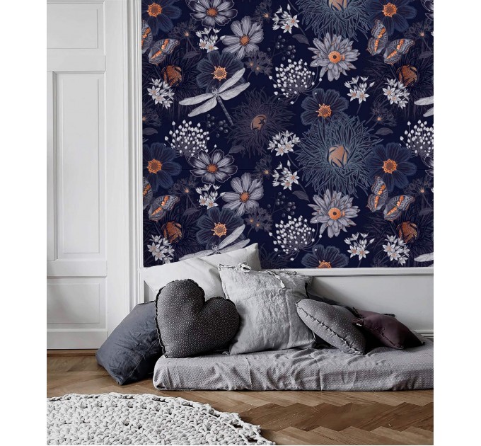 Dark purple floral wallpaper butterflies in a secret garden
