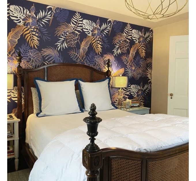 Tropical wallpaper blue gold palm leaves non metallic