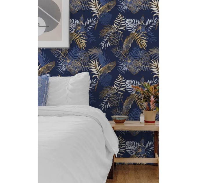 Tropical wallpaper blue gold palm leaves non metallic