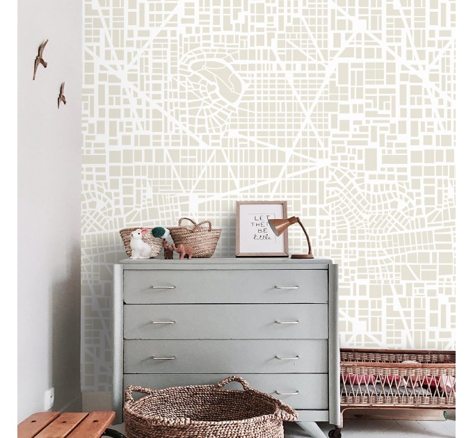 Neutral wallpaper Urban city map accent wall