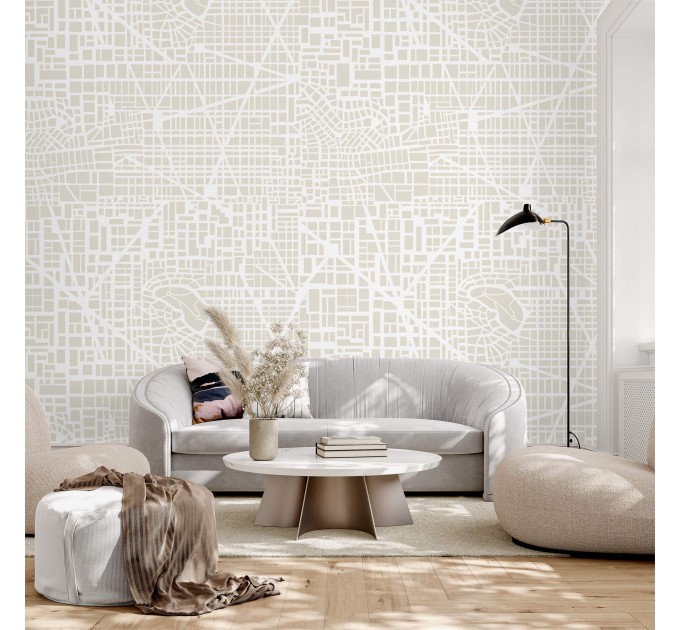 Neutral wallpaper Urban city map accent wall