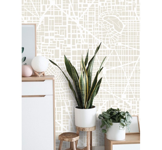 Neutral wallpaper Urban city map accent wall
