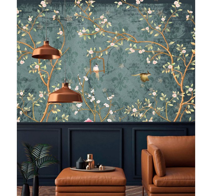 Dark Chinoiserie wallpaper birds, Vintage floral wall mural