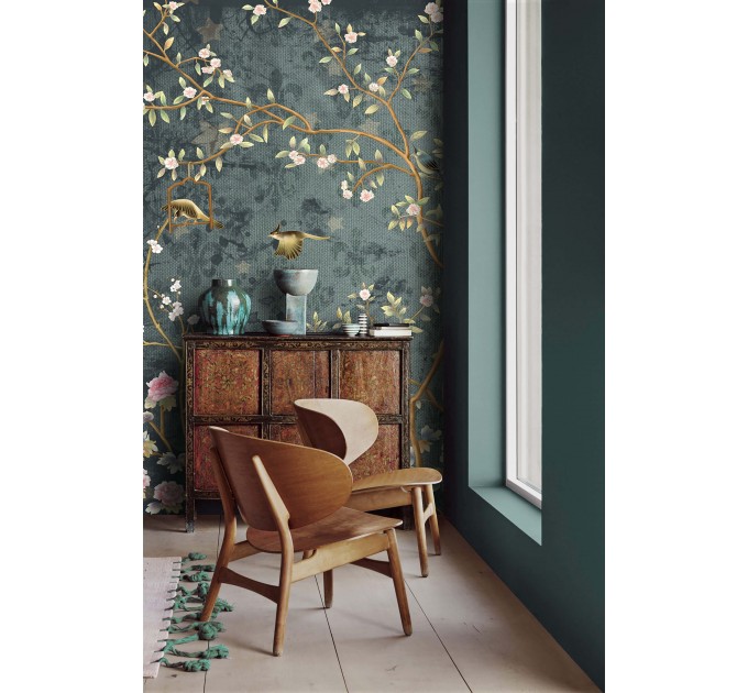Dark Chinoiserie wallpaper birds, Vintage floral wall mural