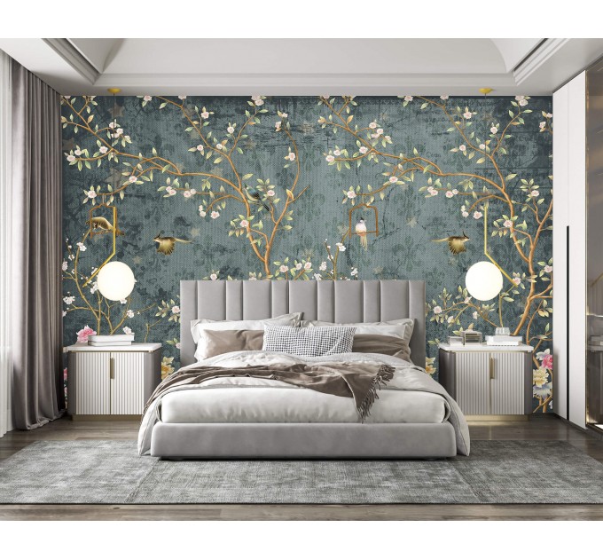 Dark Chinoiserie wallpaper birds, Vintage floral wall mural