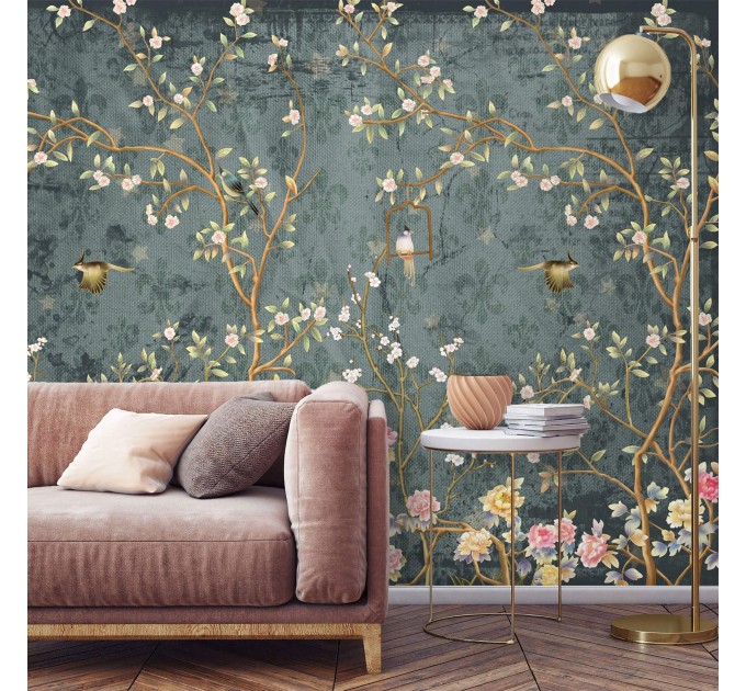 Dark Chinoiserie wallpaper birds, Vintage floral wall mural