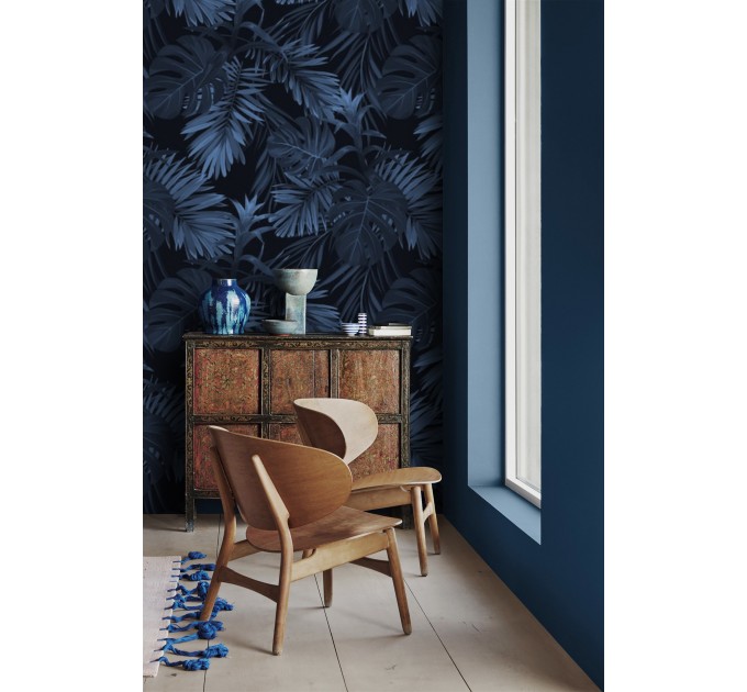 Dark blue tropical wallpaper palm leaves