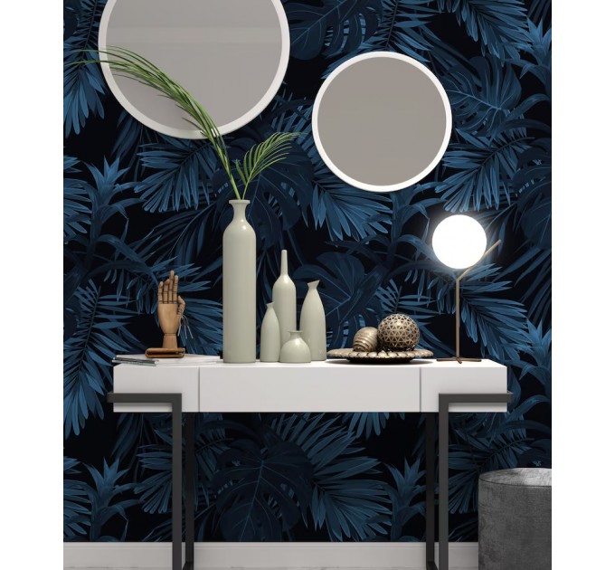 Dark blue tropical wallpaper palm leaves