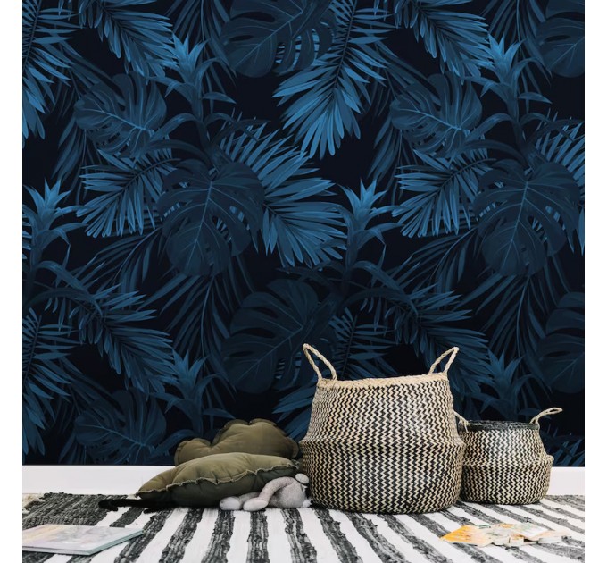 Dark blue tropical wallpaper palm leaves