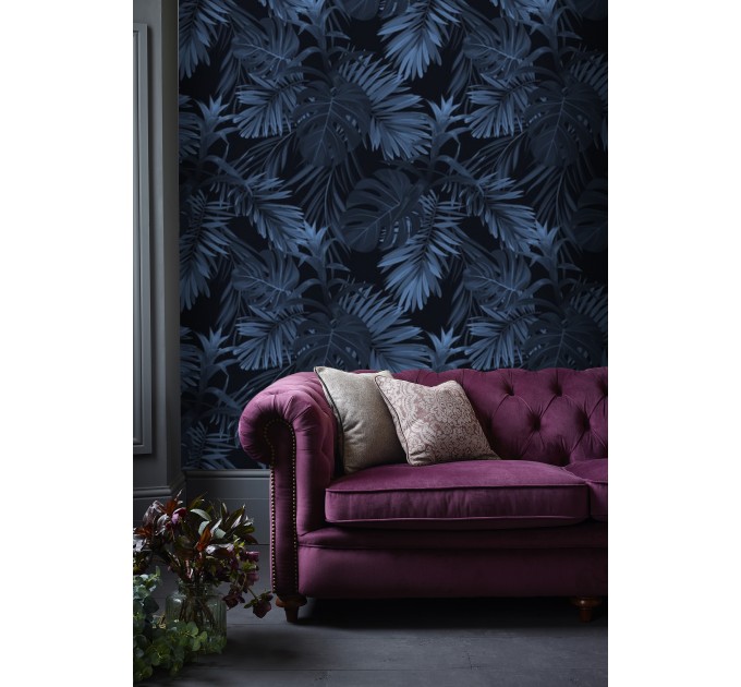 Dark blue tropical wallpaper palm leaves