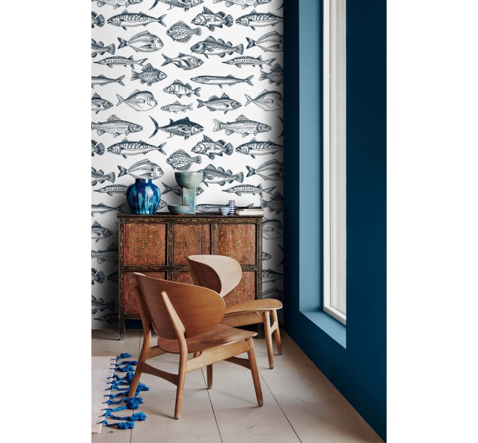 Fish wallpaper nautical marine accent wall covering