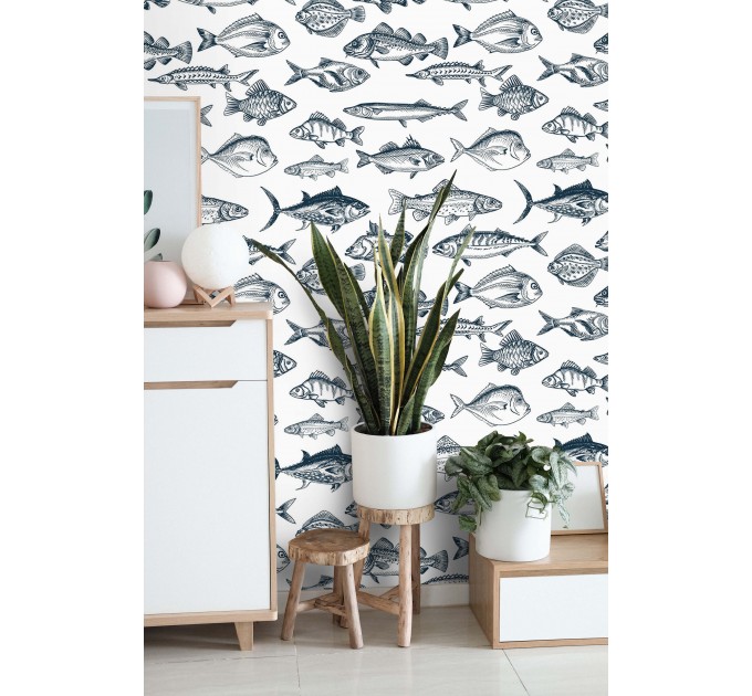 Fish wallpaper nautical marine accent wall covering