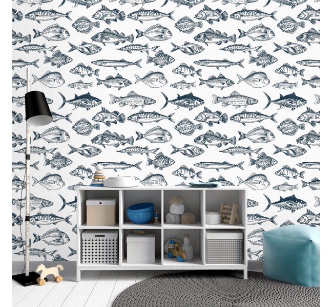 Fish wallpaper nautical marine accent wall covering