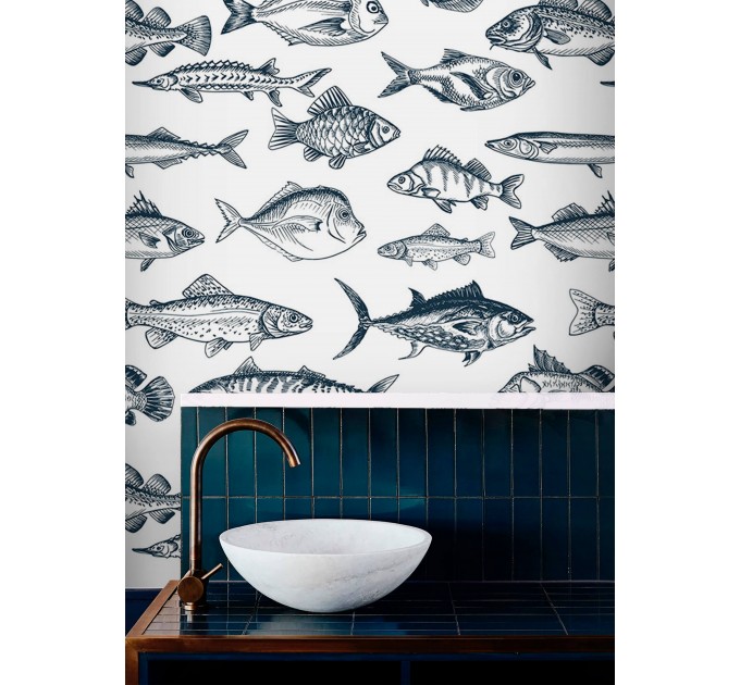 Fish wallpaper nautical marine accent wall covering