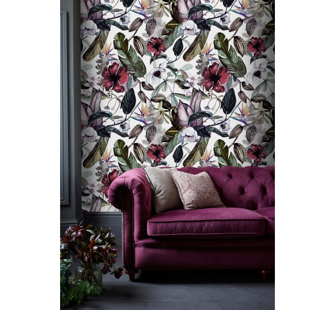 Floral wallpaper exotic flowers and leaves, watercolor tropical garden