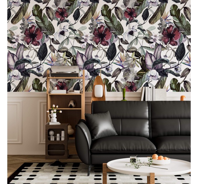 Floral wallpaper exotic flowers and leaves, watercolor tropical garden