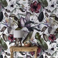 Floral wallpaper exotic flowers and leaves, watercolor tropical garden
