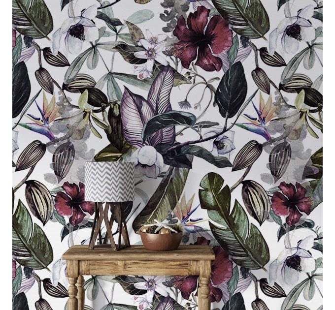 Floral wallpaper exotic flowers and leaves, watercolor tropical garden