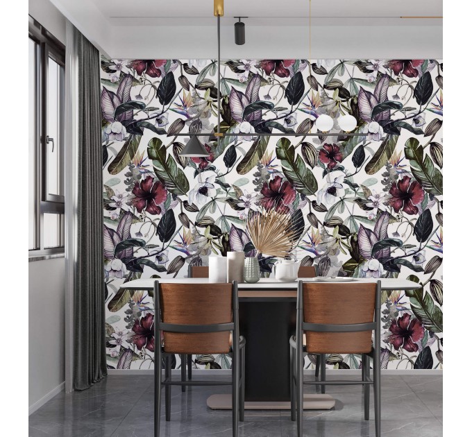 Floral wallpaper exotic flowers and leaves, watercolor tropical garden