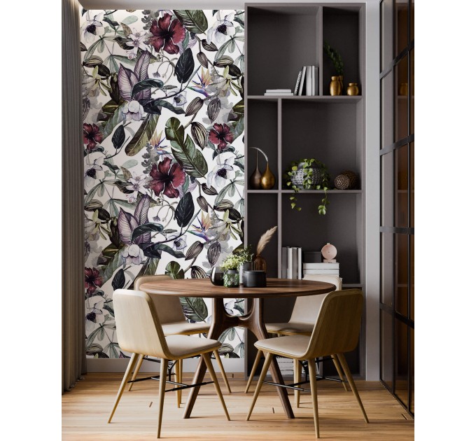Floral wallpaper exotic flowers and leaves, watercolor tropical garden