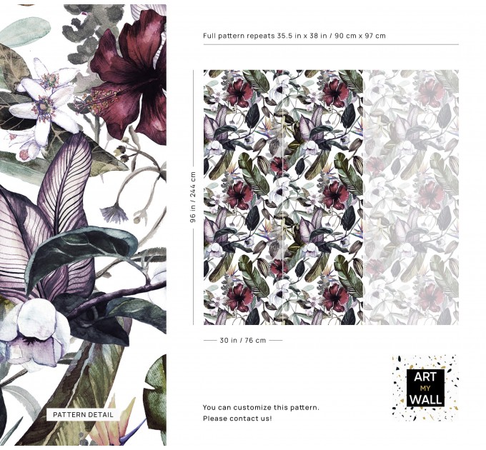 Floral wallpaper exotic flowers and leaves, watercolor tropical garden