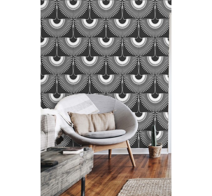 Art deco wallpaper cranes, statement accent wall covering